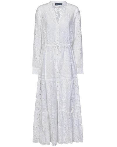 Polo Ralph Lauren Weiße v-ausschnitt kleid mit kordelzug taille
