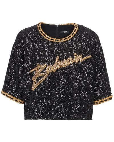 Balmain Cropped t-shirt with sequin embroidery - Nero