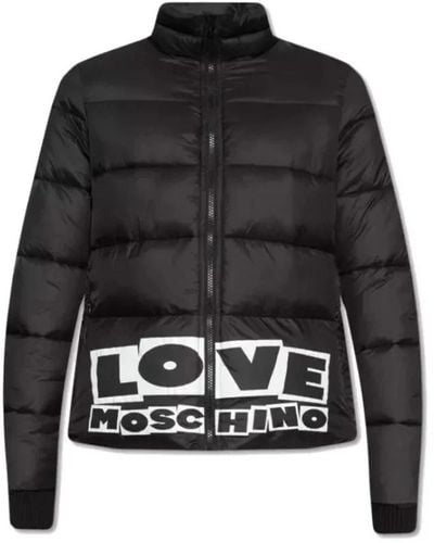 Love Moschino Schwarze nylon daunenjacke mit logo-print