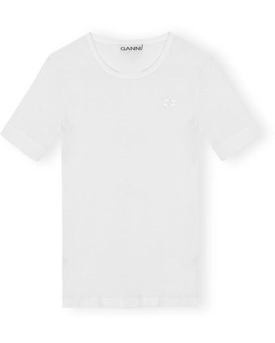 Ganni Weiches ripp kurzarm t-shirt - Weiß