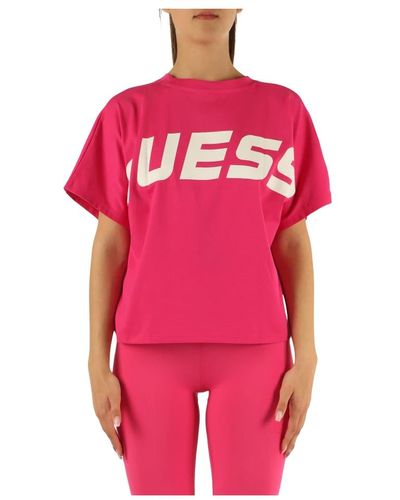 Guess Active: t-shirt in misto cotone con scritta logo - Rosa