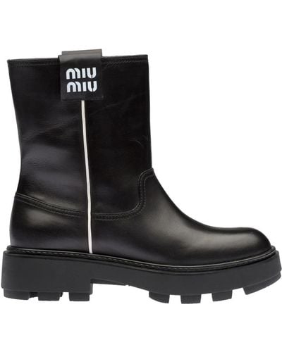 Miu Miu Pull On Leather Mid-calf Boots - Black