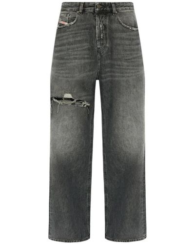 DIESEL Schwarze wide leg jeans mit whiskering - Grau
