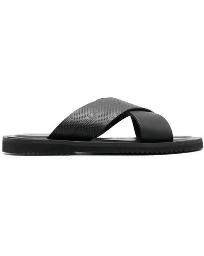 Emporio Armani Embossed-logo crossover-strap slides - Nero