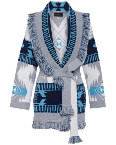 Alanui Maglione bianco con frange e collo shawl - Blu