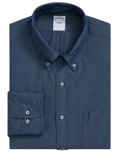 Brooks Brothers Blaues regular fit chambray baumwollhemd mit polo button down kragen