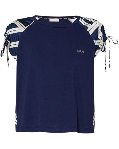 Liu Jo Gestreiftes satin-rundhals t-shirt - Blau