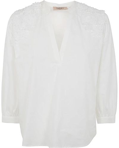 Twin Set Bluse mit bestickten blumen,bluse mit blumenstickerei und v-ausschnitt - Weiß