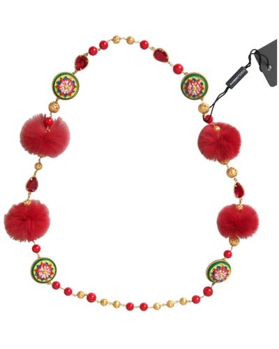 Dolce & Gabbana Gold Brass Red Fur Crystal Carretto Chain Necklace