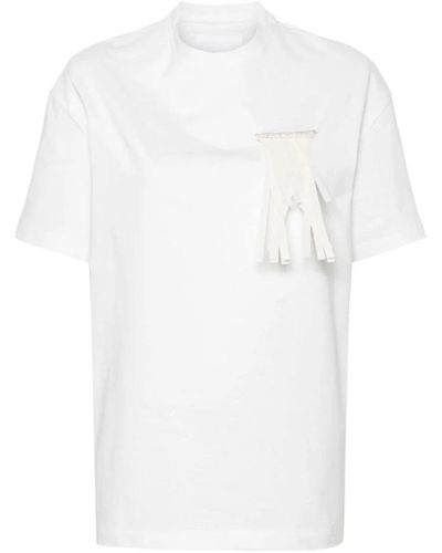 Jil Sander Weiße baumwoll-jersey-t-shirt mit fransiger brosche