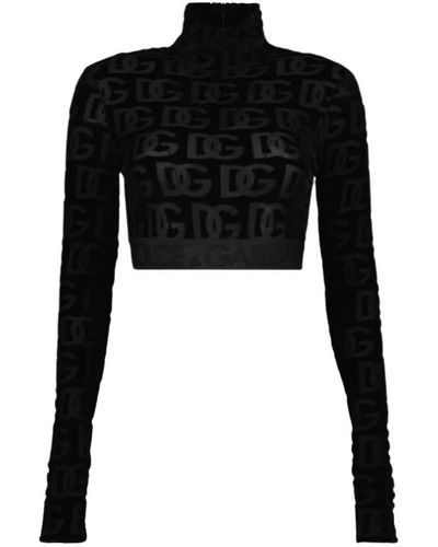 Dolce & Gabbana Crop top in velluto con collo alto e maniche lunghe - Nero