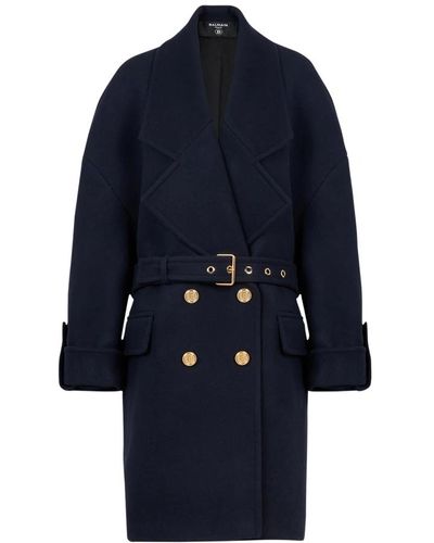 Balmain Wool and cashmere pea coat with double-breasted gold-tone buttoned fastening - Blu