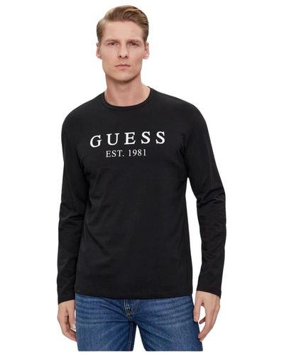 Guess Bedrucktes logo t-shirt - schwarz, stretch passform, lange ärmel
