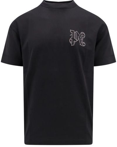 Palm Angels Baumwoll t-shirt mit gesticktem monogramm,schwarzes logo crew neck t-shirt