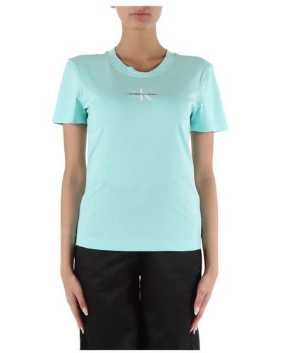 Calvin Klein Slim fit baumwoll t-shirt mit logo stickerei - Blau