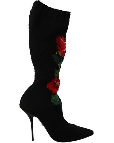 Dolce & Gabbana Rosas rojas stretch booties zapatos - Negro