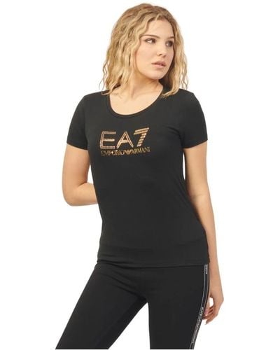 EA7 Camiseta negra cuello redondo slim fit de algodón - Negro
