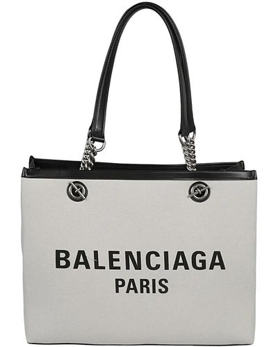 Balenciaga Einkaufstasche mit antiken silberveredelungen,canvas tote tasche mit lederbesatz und logo-print - Weiß