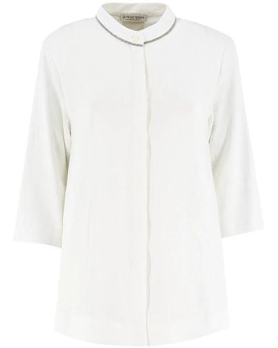 Le Tricot Perugia Blusa de lino con cuello bordado - Blanco