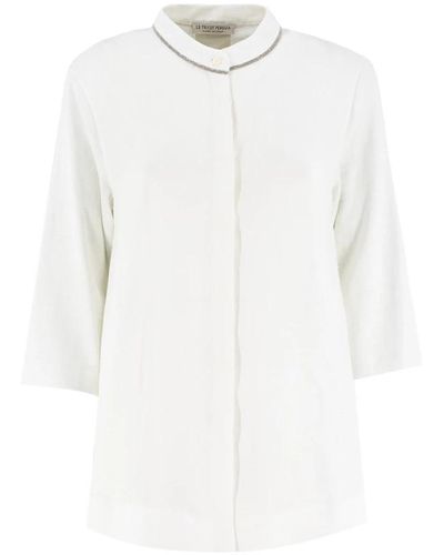 Le Tricot Perugia Elegante blusa in lino con colletto ricamato - Bianco
