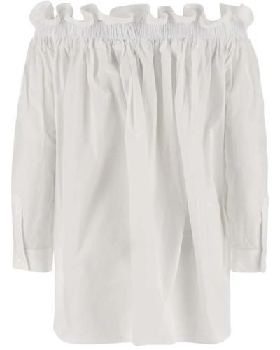 AZ FACTORY Blusa de algodón con diseño de hombros descubiertos y dobladillo con volantes - Blanco