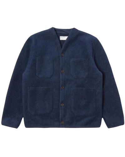 Universal Works Cardigan in lana fleece indaco - Blu