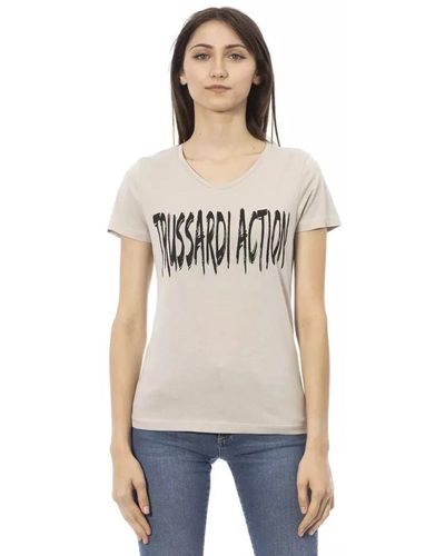Trussardi S Baumwoll T-Shirt mit V-Ausschnitt und Frontdruck - Natur