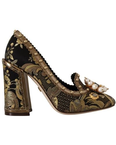 Dolce & Gabbana Gold Crystal Square Toe Brocade Pumps Shoes - Brown
