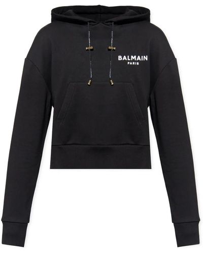 Balmain Cropped sweatshirt mit kapuze und logo-print - Schwarz