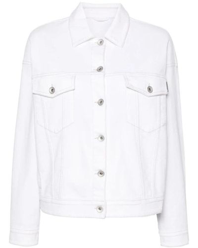 Brunello Cucinelli Weiße denimjacke mit spitzem kragen und knopfverschluss,weiße jeansjacke