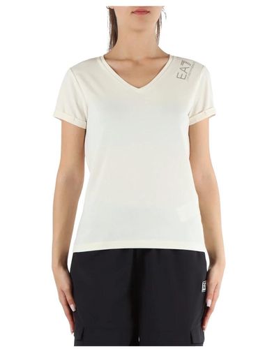 EA7 T-shirt in cotone stretch con collo a v e stampa logo - Bianco