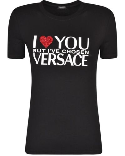 Versace Magliette nera con stampa slogan e strass - Nero