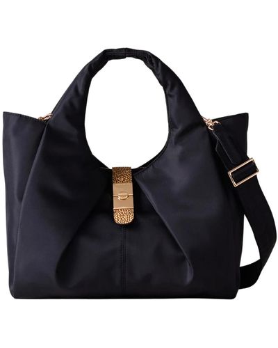 Borbonese Cortina shopper medium - fabric leather handheld bag - Nero