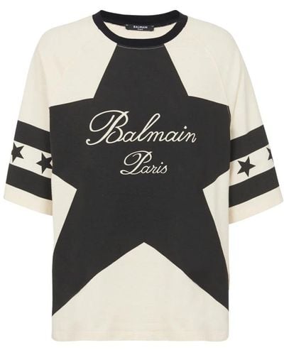 Balmain Cropped T-shirt With Star And Logo Prints - Black