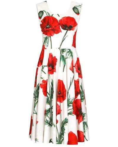 Dolce & Gabbana Popeline Midi -jurk Overal In Poppy Print - Rood
