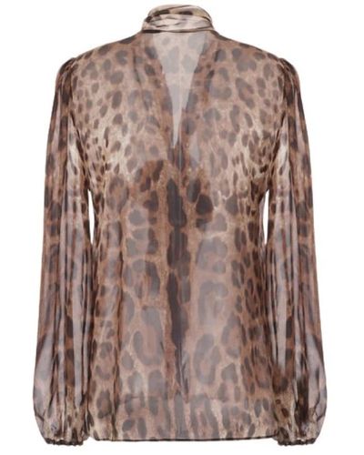 Dolce & Gabbana Camicia in chiffon di seta con stampa leopardata - Marrone
