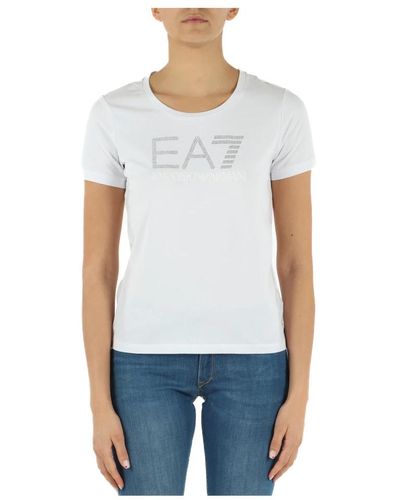 EA7 T-shirt in cotone stretch con logo in strass - Bianco