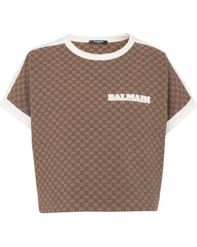 Balmain Kurzes Jacquard-Jersey T-Shirt mit Mini-Monogramm - Braun