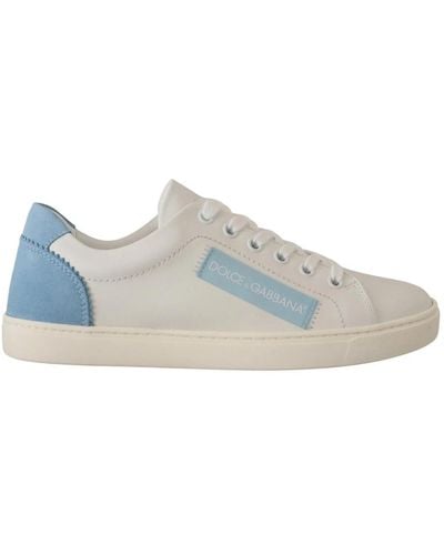 Dolce & Gabbana White Blue Leather Low Top Sneakers Shoes - Blau