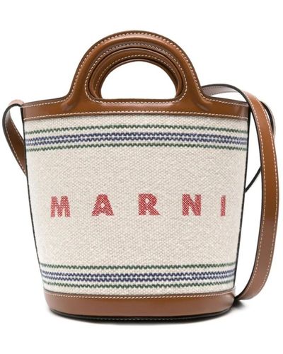 Marni Lederhandtasche mit kontraststreifen,beige canvas-tasche mit besticktem logo und streifen-detail - Mettallic