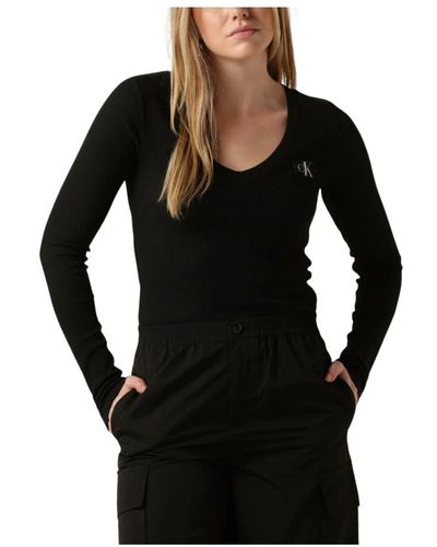 Calvin Klein V-ausschnitt langarm tops t-shirts - Schwarz