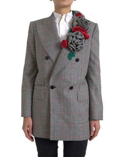 Dolce & Gabbana Giacca cappotto a quadri con rose applicate grigie - Grigio