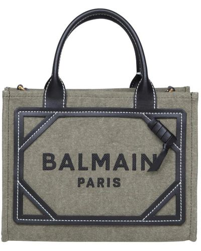 Balmain Canvas handtasche, khaki/schwarz, besticktes logo, lederdetails - Grau