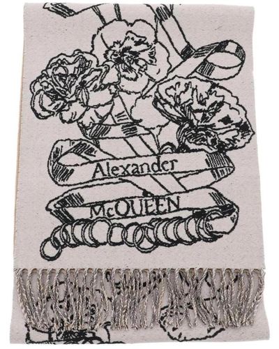 Alexander McQueen Bufanda reversible de lana con calavera iconica y motivo floral - Gris