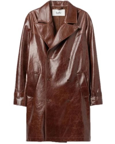 Séfr Tumbled leather double breasted coat - Marrone