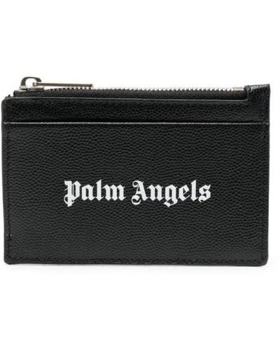 Palm Angels Schwarze lederbrieftasche mit logo-druck und reißverschluss