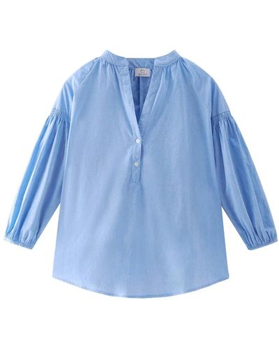Woolrich Reine Baumwoll-Chambray-Bluse mit Mandarin-Kragen - Blau