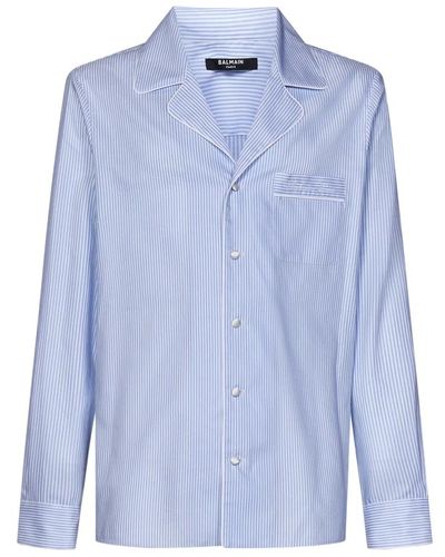 Balmain Camicia in popeline di cotone blu stile pigiama