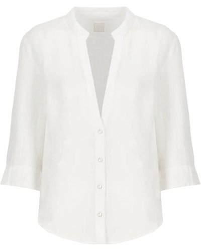 120% Lino Weißes leinenhemd runder ausschnitt kurze ärmel