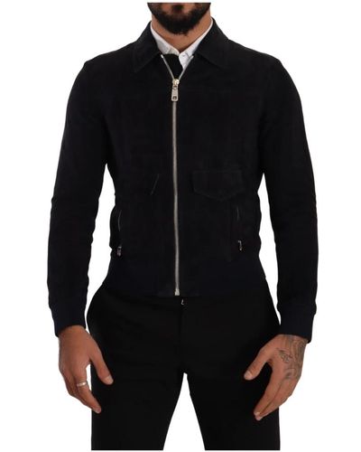 Dolce & Gabbana Giacca cappotto in pelle scamosciata di agnello blu - Nero